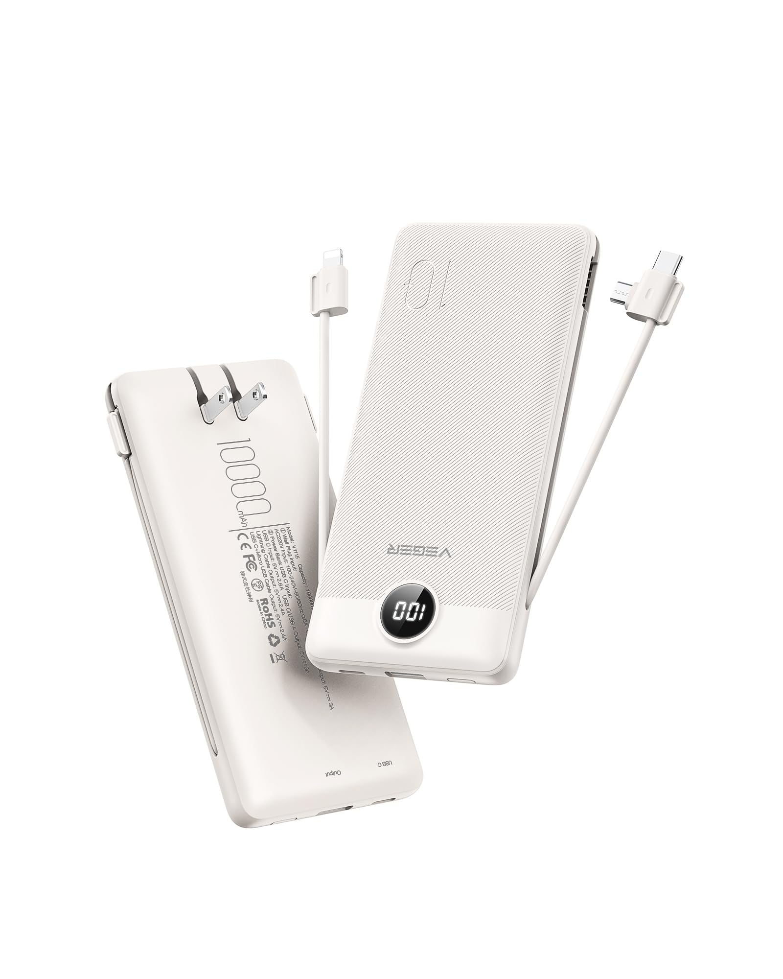 VEGER vista frontal del power bank mostrando diseño compacto y puerto