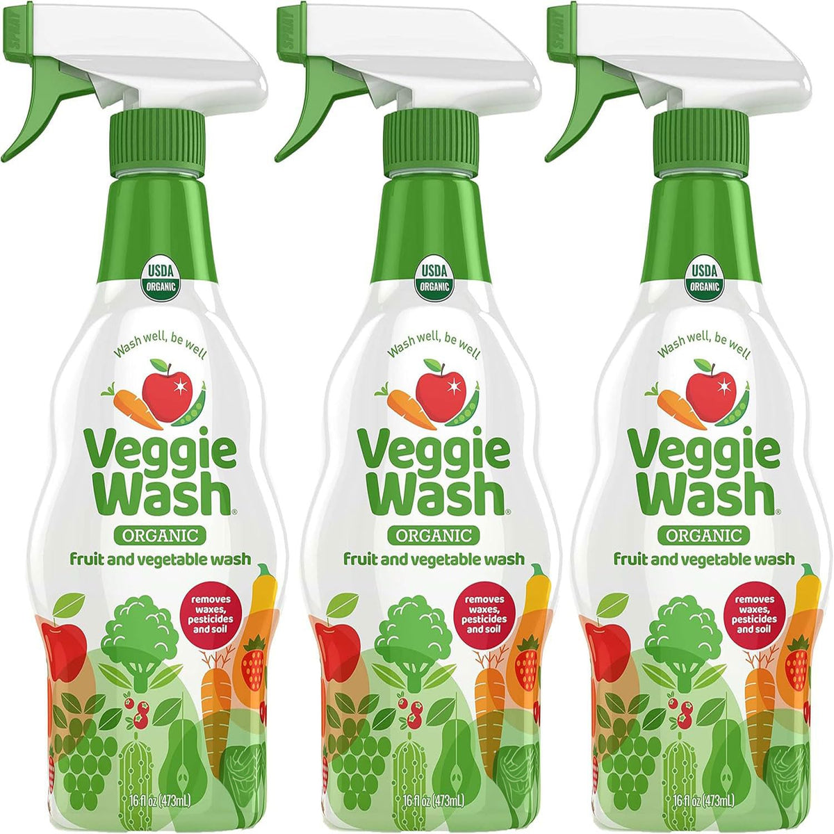 Veggie Wash vista frontal del envase mostrando etiqueta y beneficio de limpieza