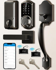 Veise cerradura frontal negro mate mostrando manija y teclado, seguridad moderna