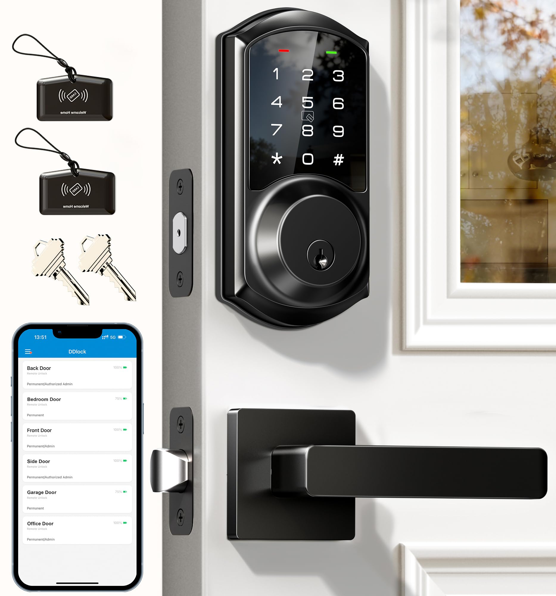 Veise cerradura frontal mostrando manilla y deadbolt, seguridad visible