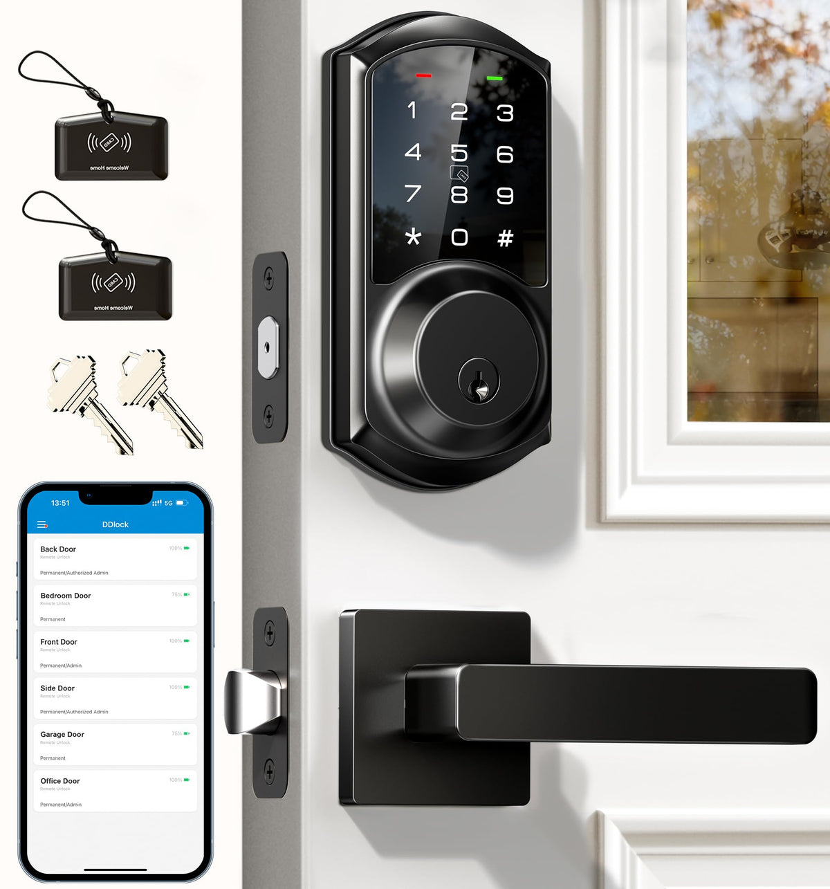 Veise cerradura frontal mostrando manilla y deadbolt, seguridad visible