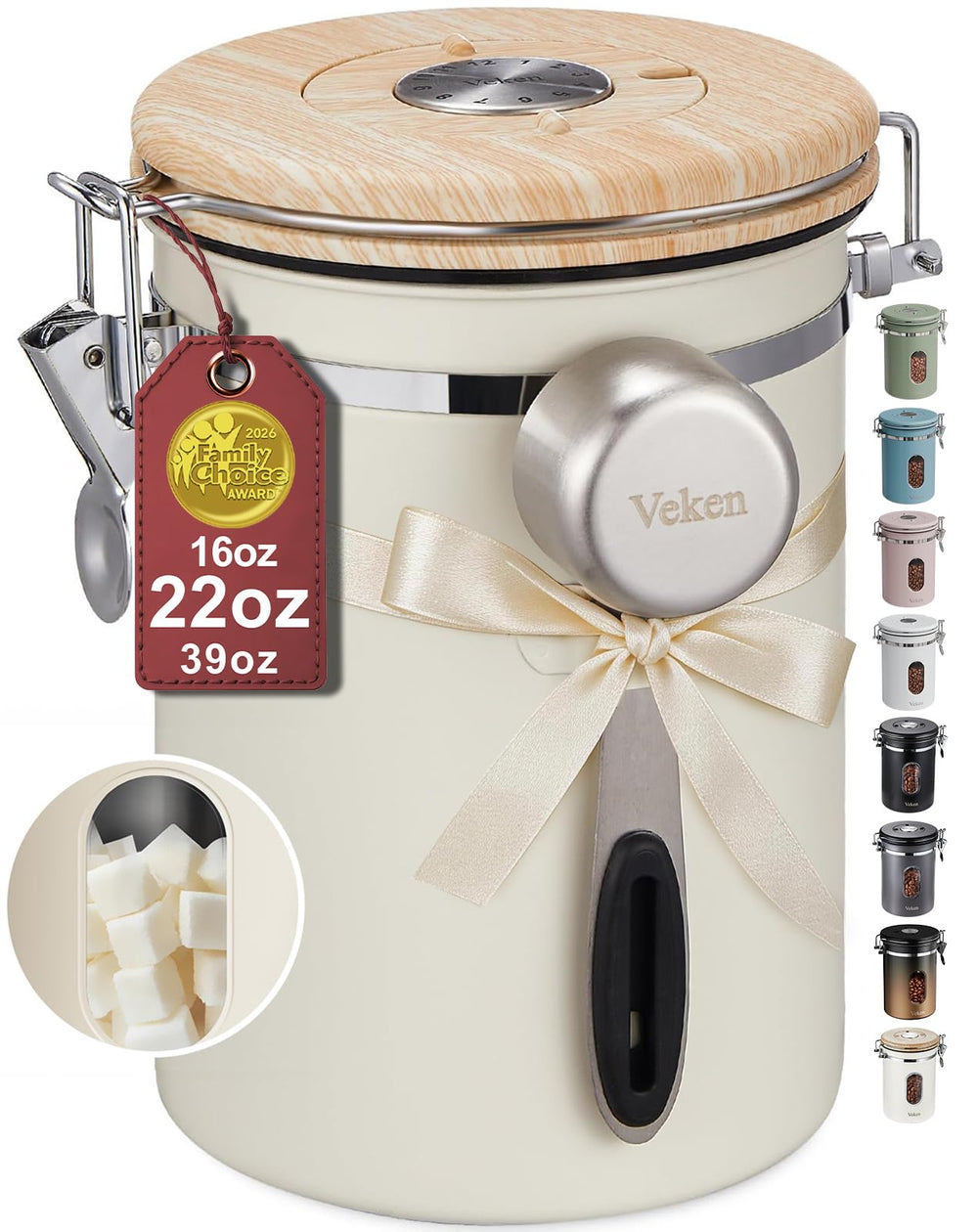 Veken 22oz canister front view showing sleek stainless finish and window benefit
