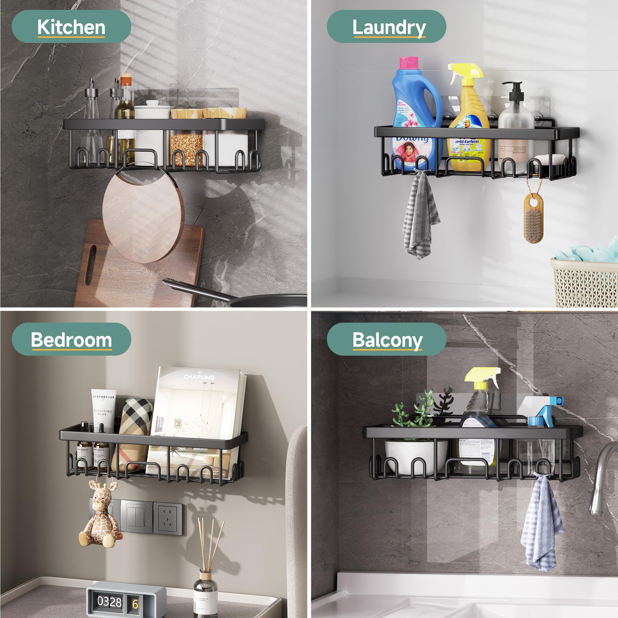 Veken organizadores en ducha con productos familiares, accesibilidad inmediata