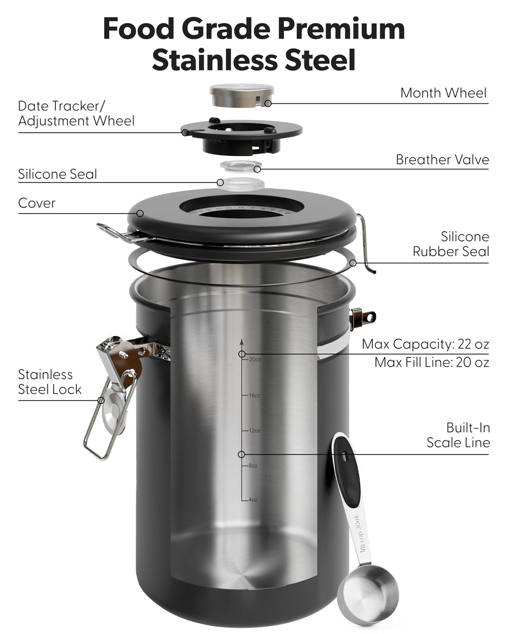 Veken free scoop hooked inside lid for accurate, tidy measuring