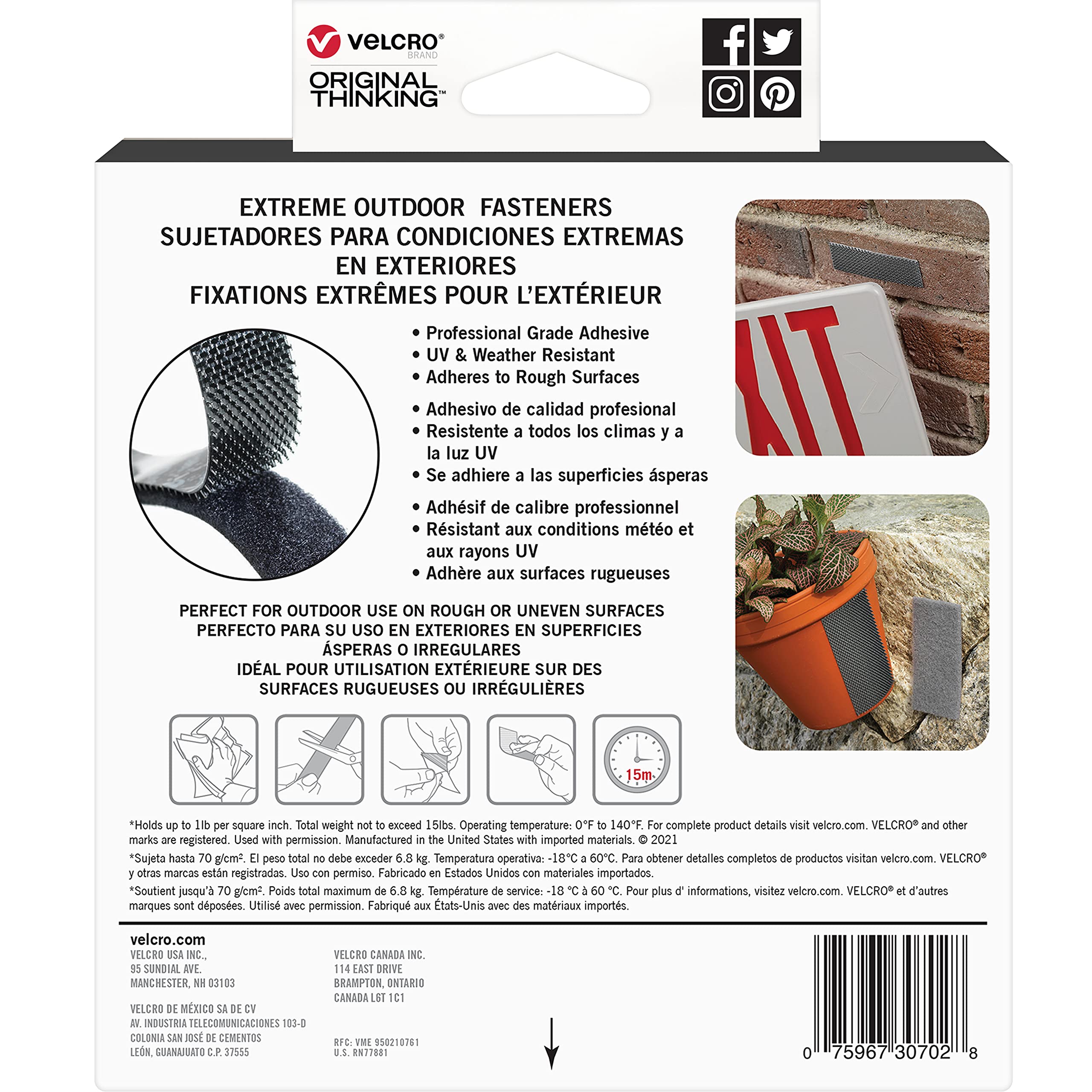 VELCRO etiqueta con especificaciones y capacidad de carga de 15 lbs