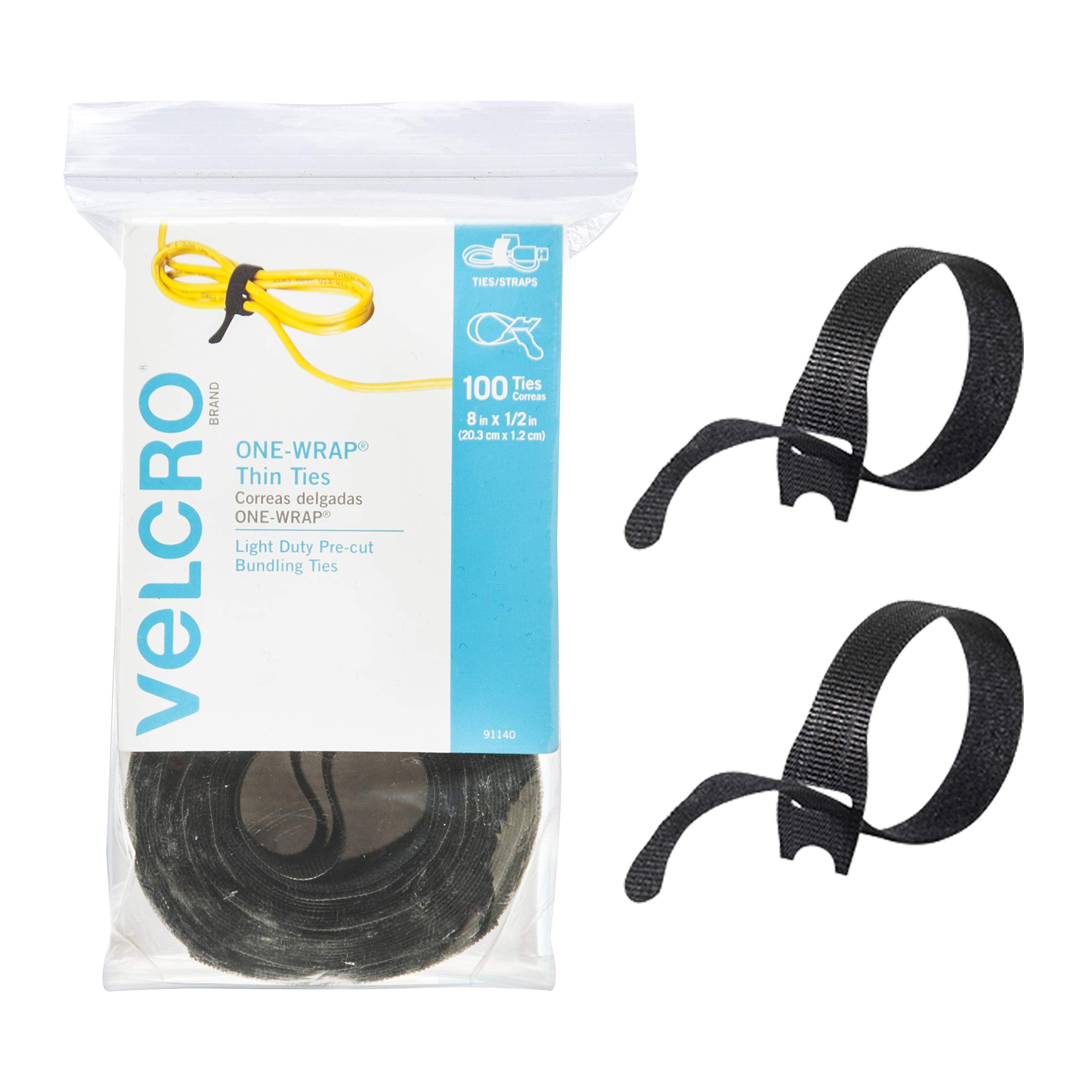 VELCRO paquete frontal de 100 bridas ONE-WRAP mostrando cantidad y color negro beneficio orden