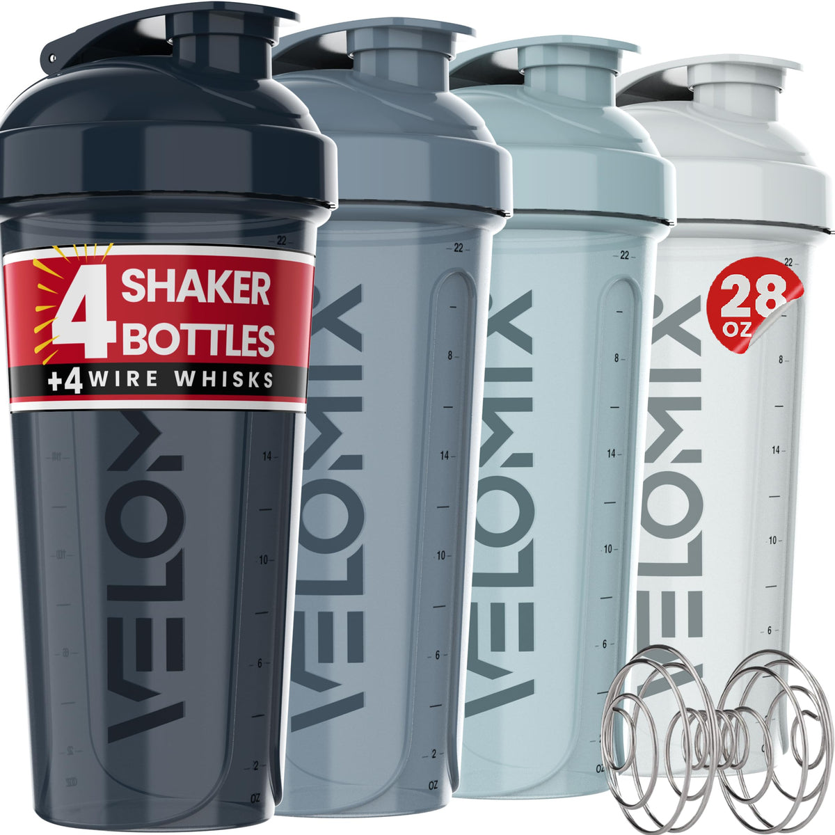 VELOMIX pack de cuatro vasos shaker aqua depths visto de frente mostrando color y forma, ideal para organización.