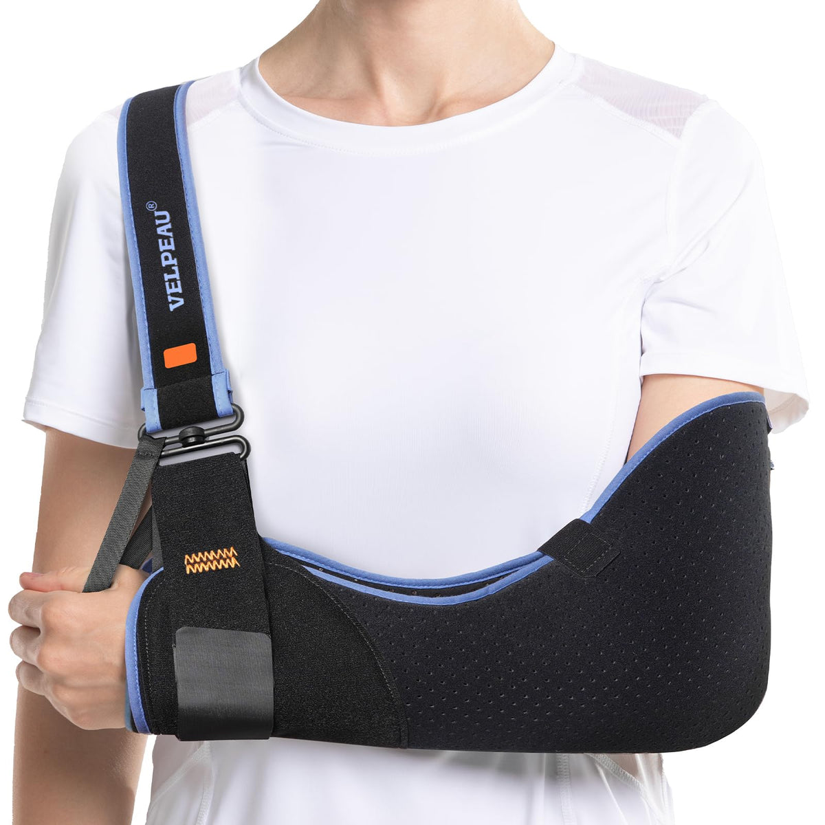 Velpeau vista frontal del cabestrillo mostrando el embalaje y ajuste rápido