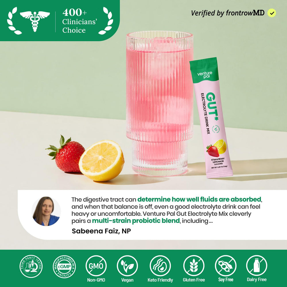 Venture Pal comparación de tamaño del sobre junto a una botella para escala