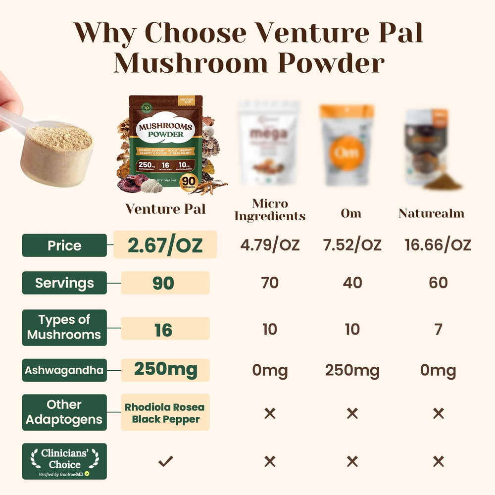 Venture Pal cucharada vertiendo polvo en batido para energía diaria
