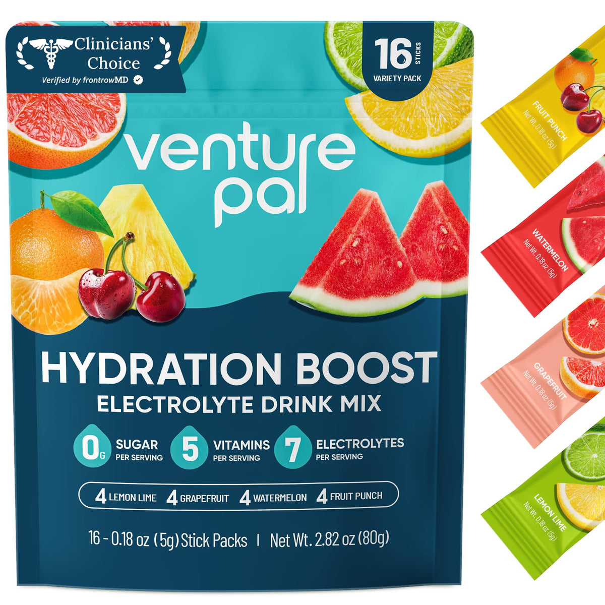 Venture Pal empaque frontal mostrando 16 sticks y beneficios de hidratación