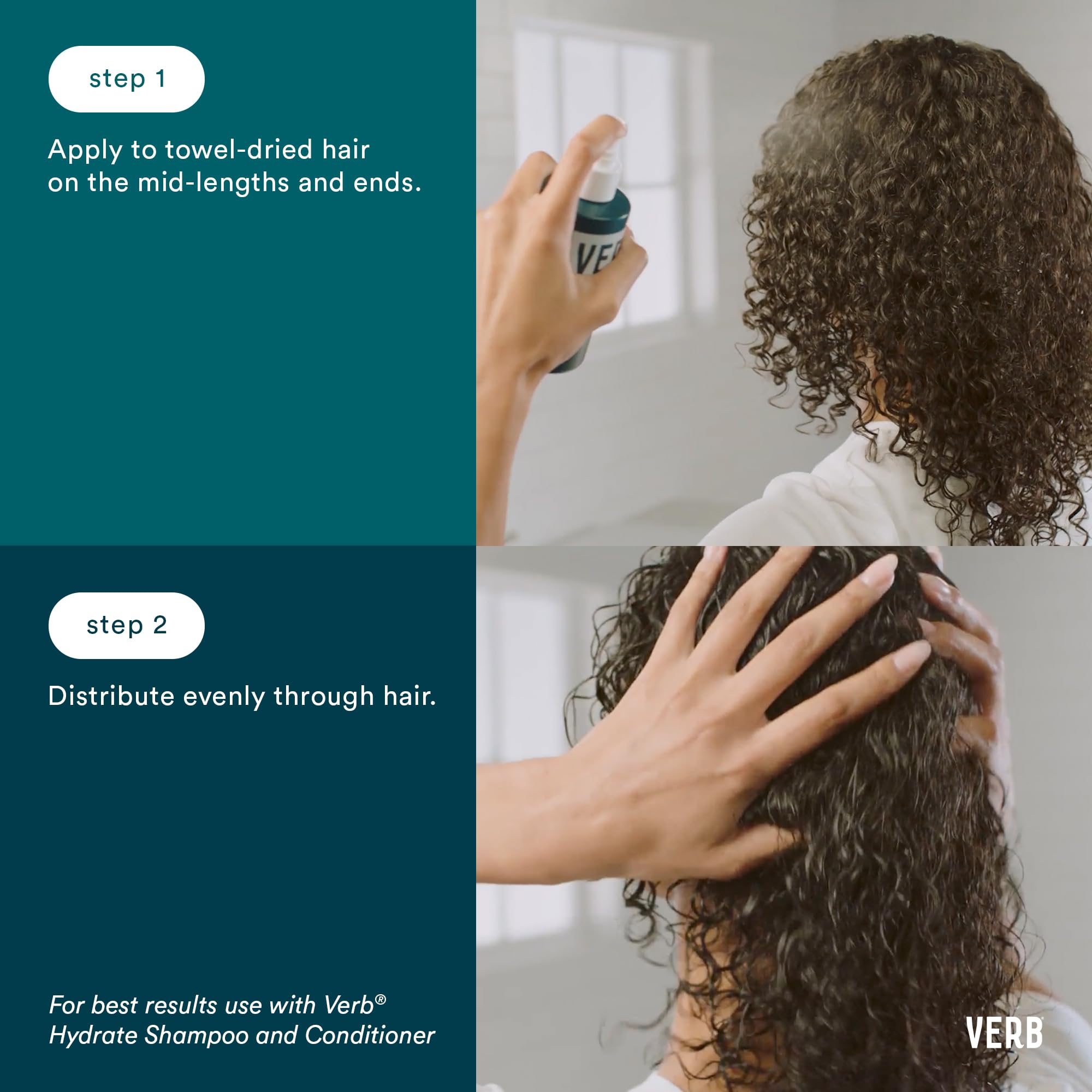 VERB spray en acción mostrando textura ligera que facilita desenredar