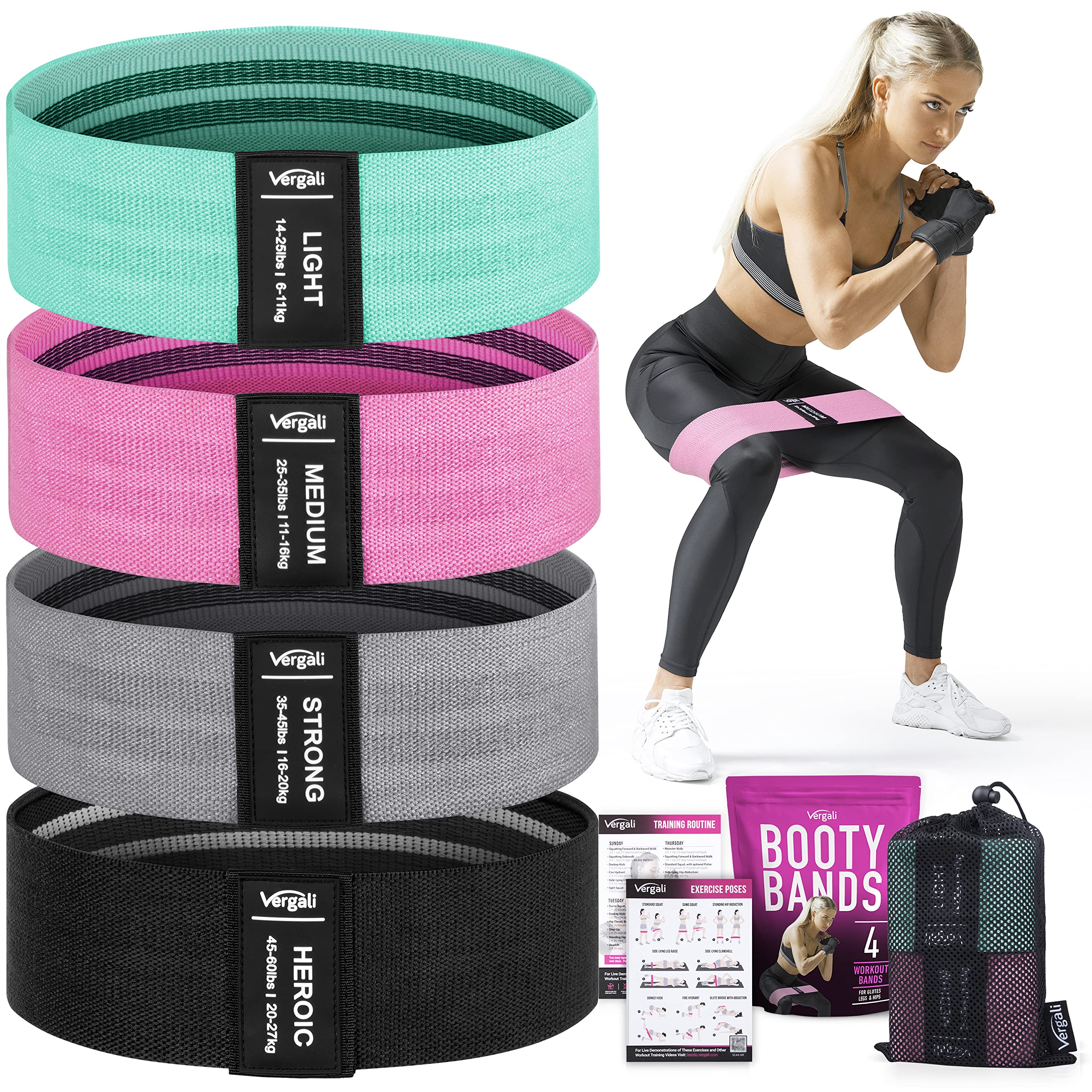 Vergali front packaging showing full four-band set and carry bag benefits portability