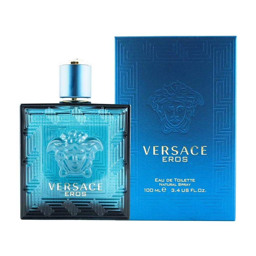 Versace Eros frontal mostrando el frasco elegante y la marca, transmite lujo