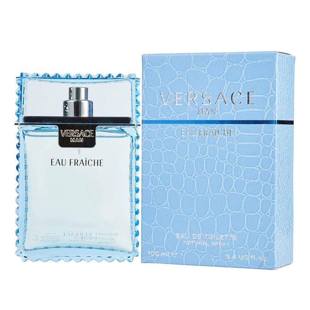 Versace Man frasco frontal elegante y fresco, muestra diseño y versatilidad