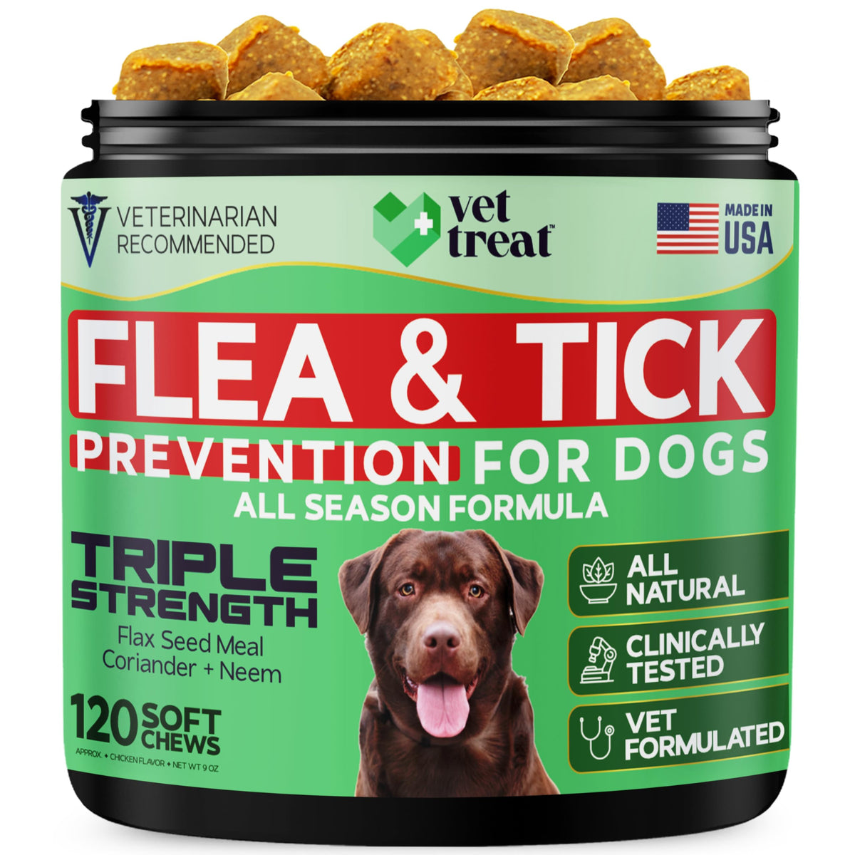 Vet Treat frontal del envase mostrando 120 golosinas y beneficios