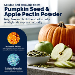 Vetnique Glandex ingredientes principales calabaza y probiótico que apoyan heces firmes