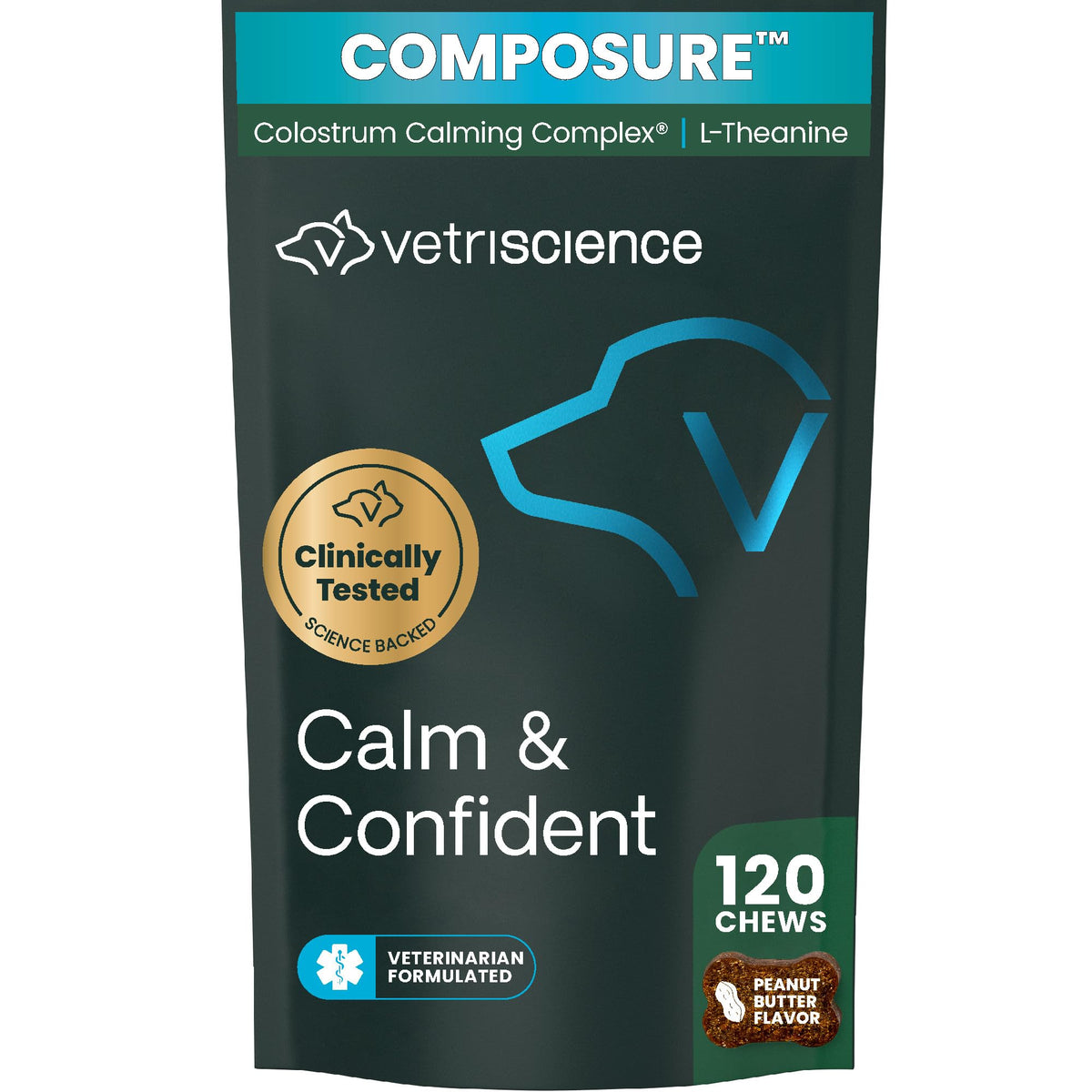 VETRISCIENCE empaque frontal mostrando masticables y beneficio calmante