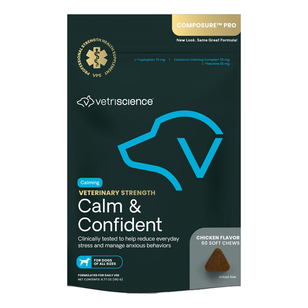 VetriScience envase frontal de Calm & Confident pollo mostrando 60 masticables útil para tranquilidad