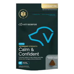 VetriScience envase frontal de Calm & Confident pollo mostrando 60 masticables útil para tranquilidad