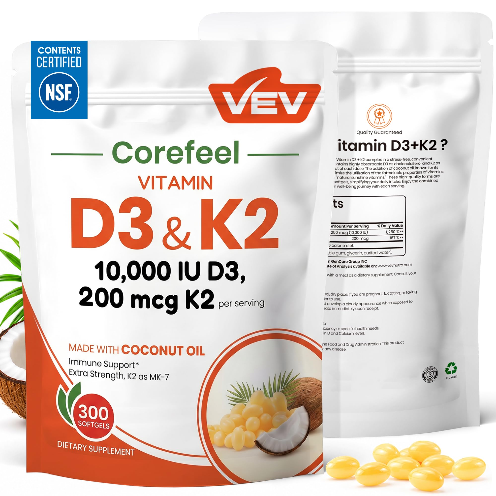 VEV vista frontal del empaque mostrando 300 perlas y beneficios
