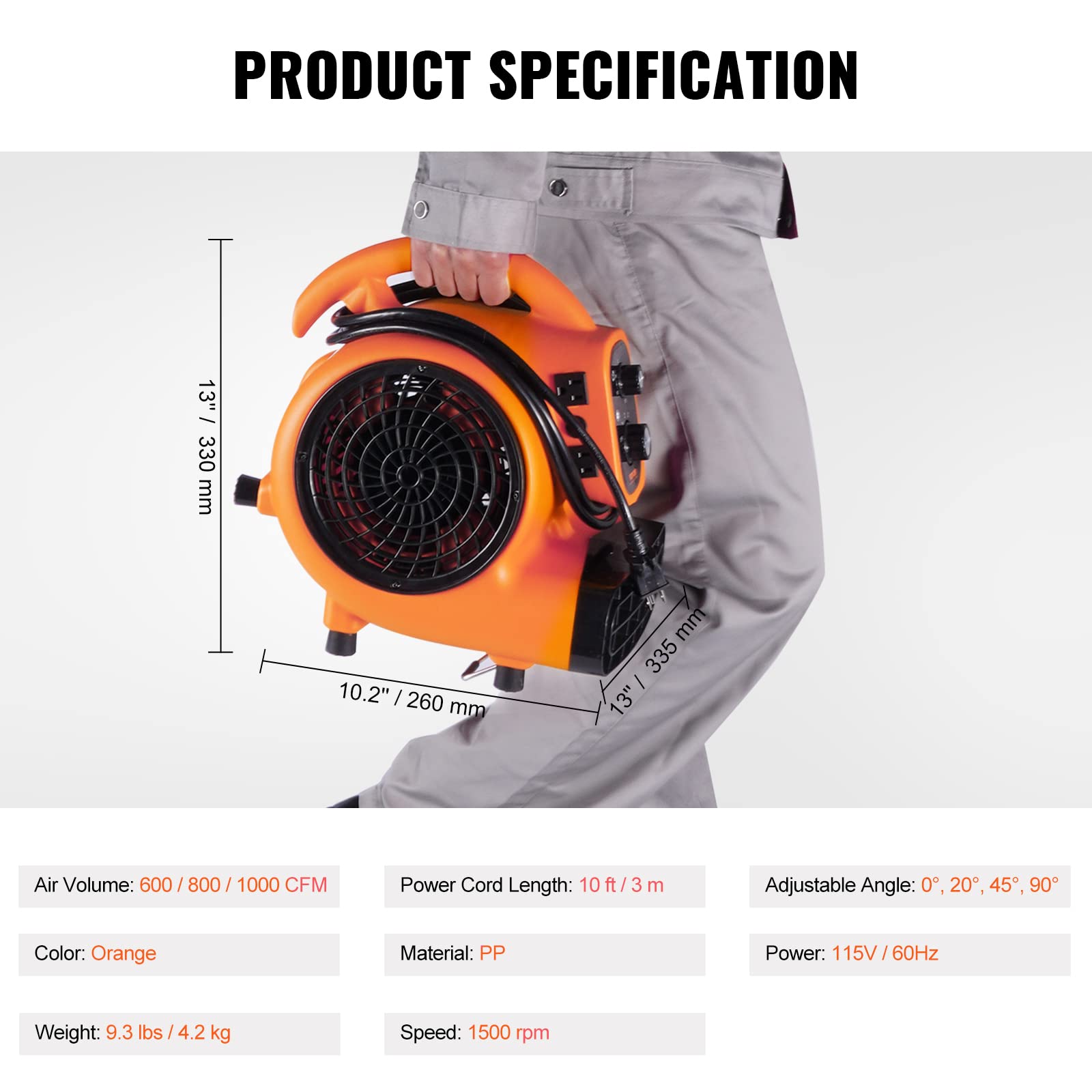 VEVOR Air Mover secando alfombra rápidamente para acelerar el tiempo de uso
