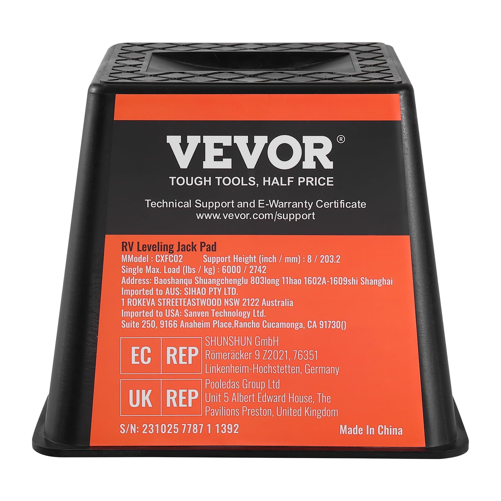 VEVOR caja abierta con cuatro bloques e instrucciones listo para guardar