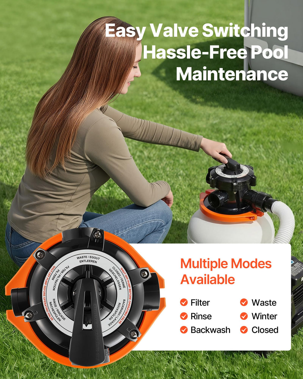 VEVOR selector de 6 posiciones en uso mostrando modos de limpieza y mantenimiento sencillo