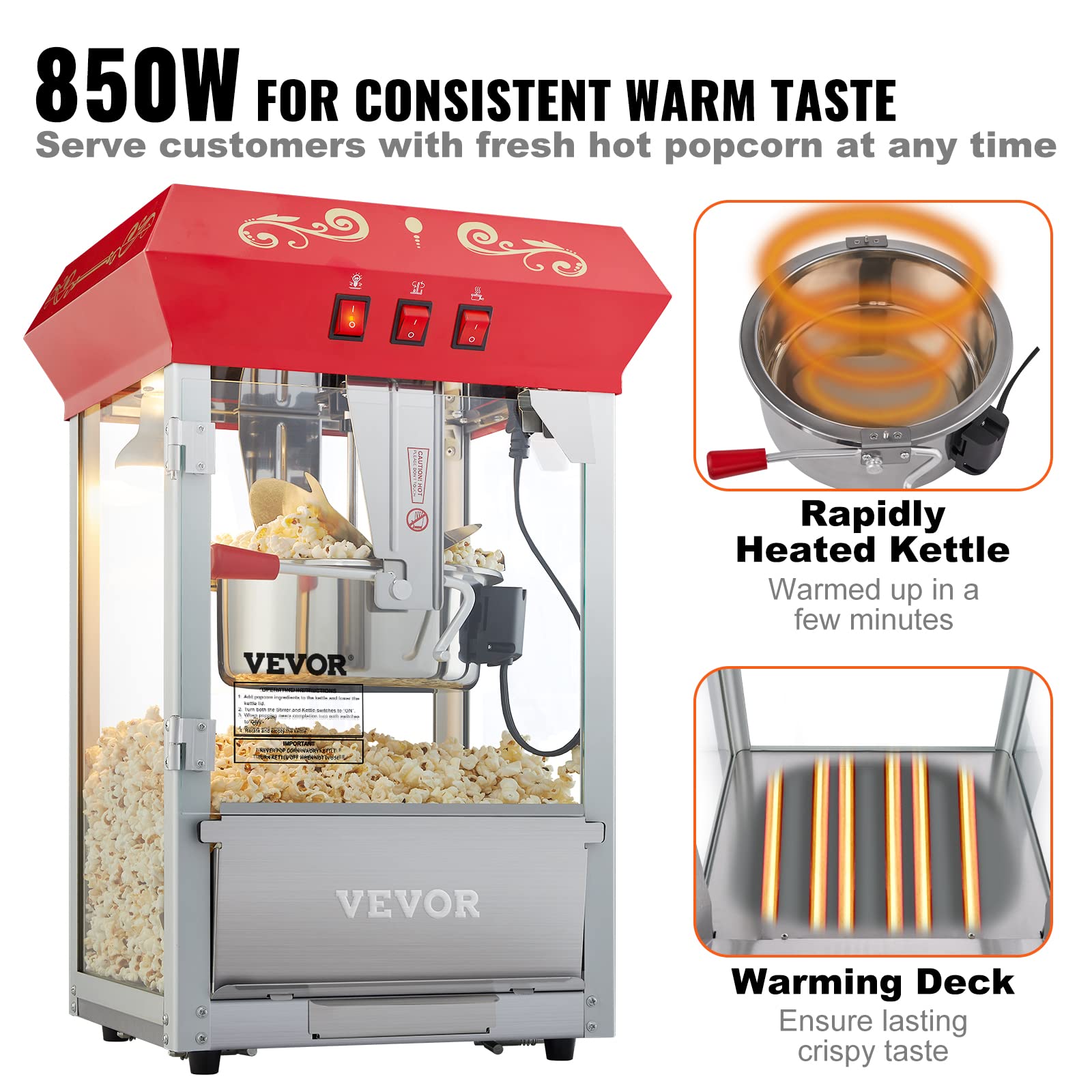 VEVOR bandeja calefactora 60W con palomitas, conserva crocancia y temperatura para servicio