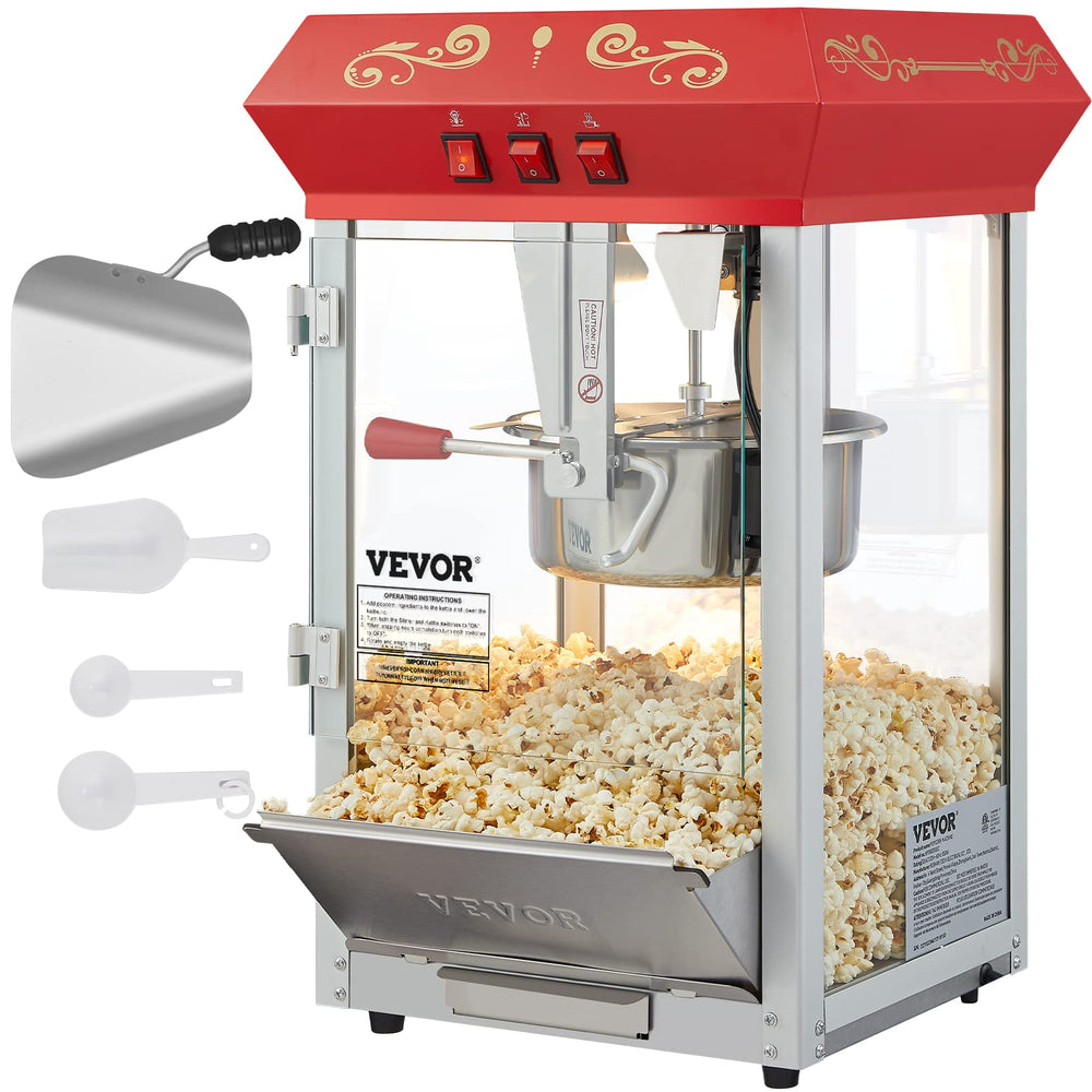 VEVOR vista frontal roja de la máquina de palomitas, exhibe producto para ventas rápidas