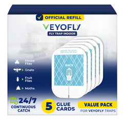 VEYOFLY envasado frontal mostrando pack de cinco recargas y beneficio de reposición fácil