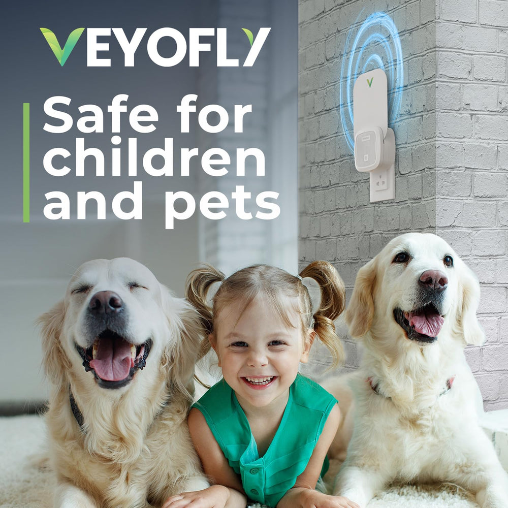 VEYOFLY packaging flatlay showing two devices and included refills benefit