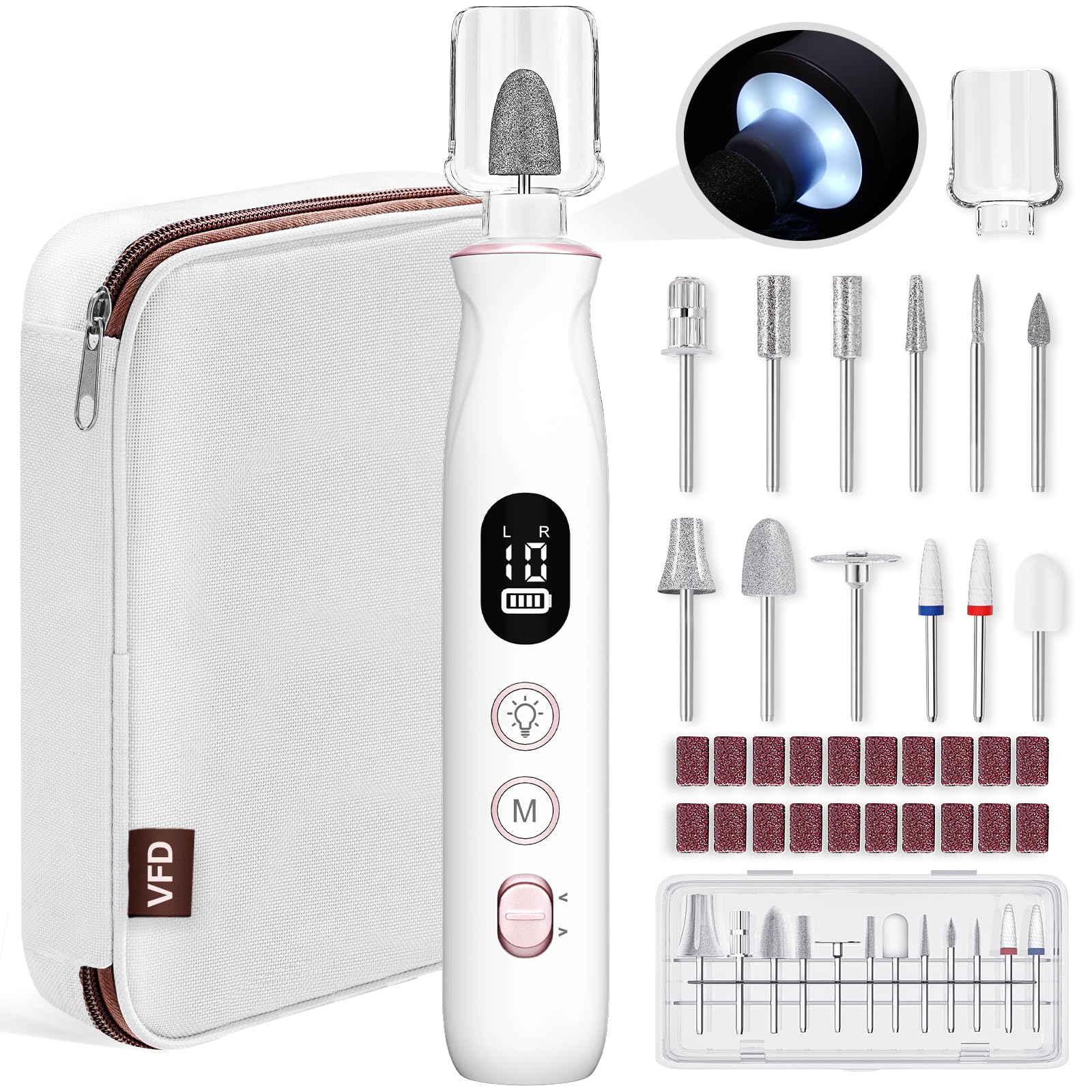 VFD taladro de uñas frontal mostrando diseño compacto y control ergonómico