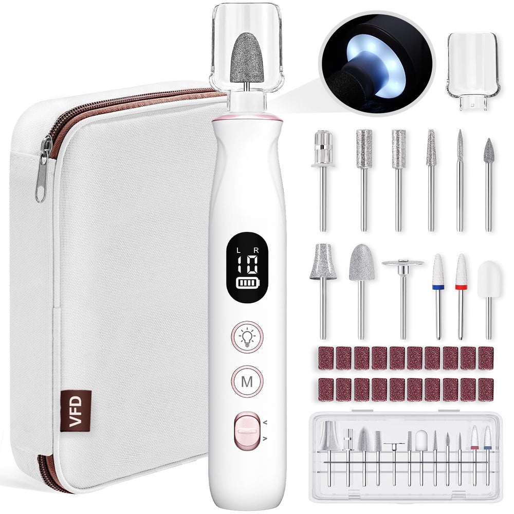 VFD taladro de uñas frontal mostrando diseño compacto y control ergonómico