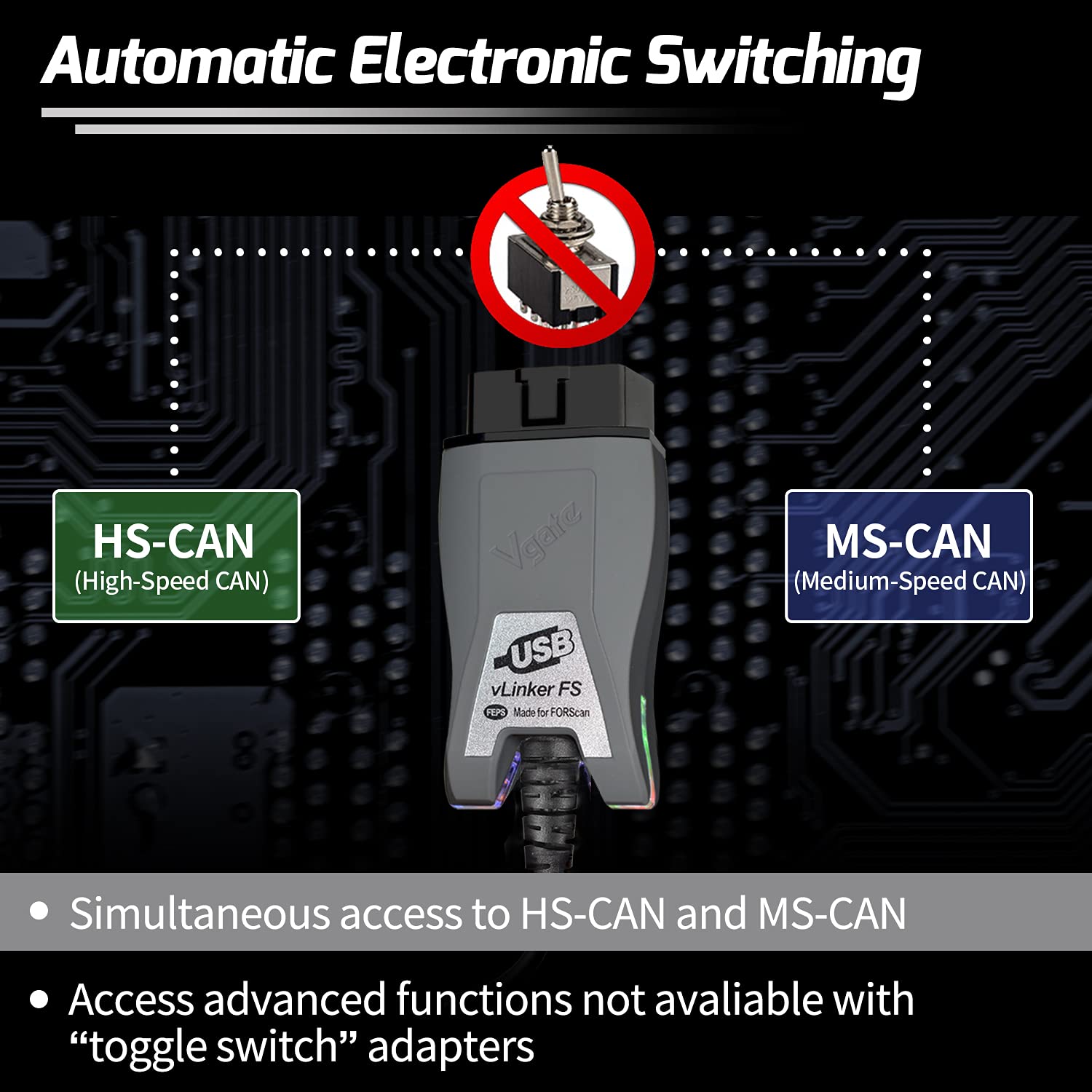 Vgate vLinker FS conector OBD2 mostrando pines, facilita diagnóstico estable