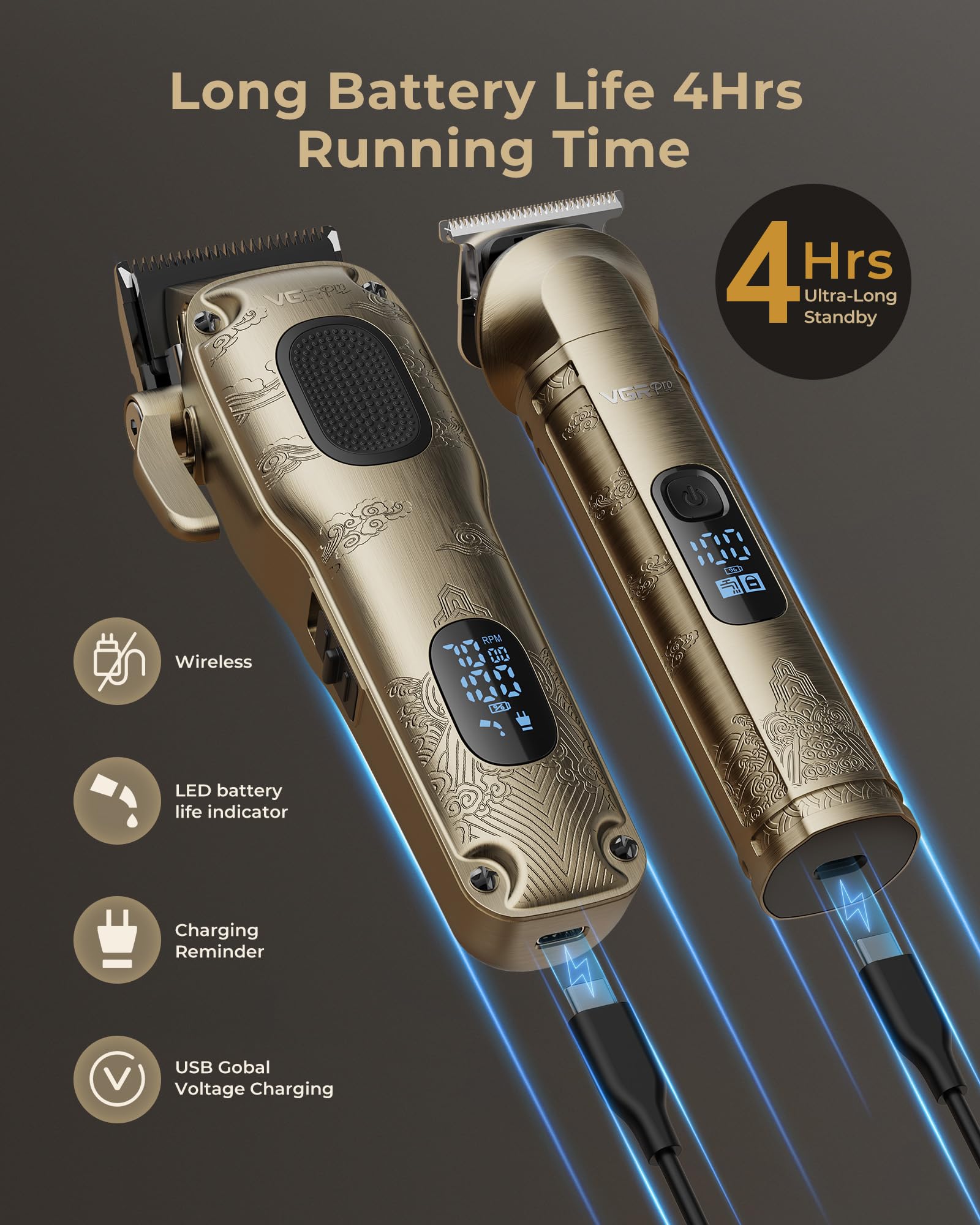 VGRPRO cortapelos con cable USB y LED, carga rápida y control