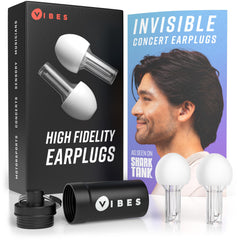 VIBES frontal del paquete mostrando tapones y estuche, protección fácil de llevar