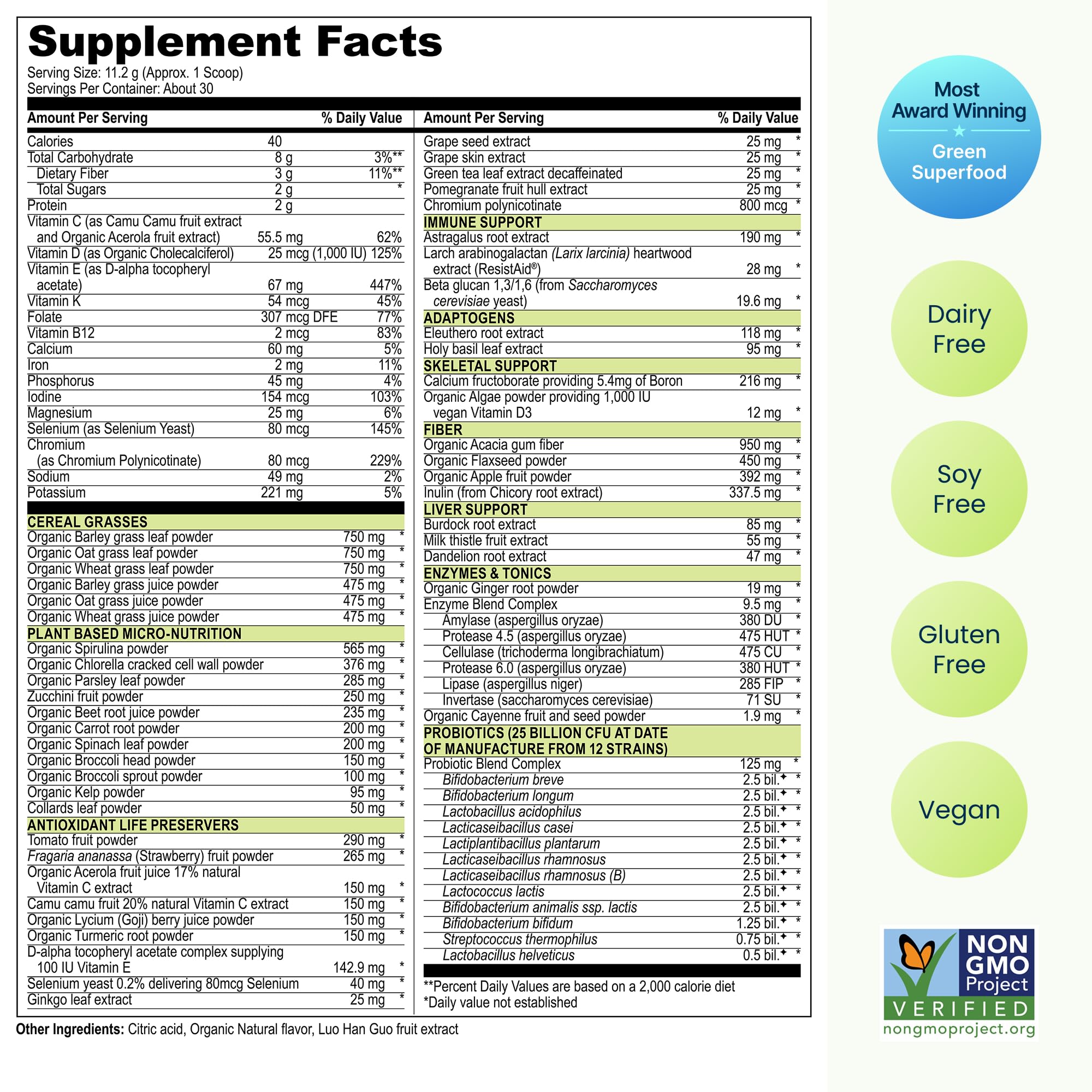 Vibrant Health etiqueta con lista de ingredientes para transparencia