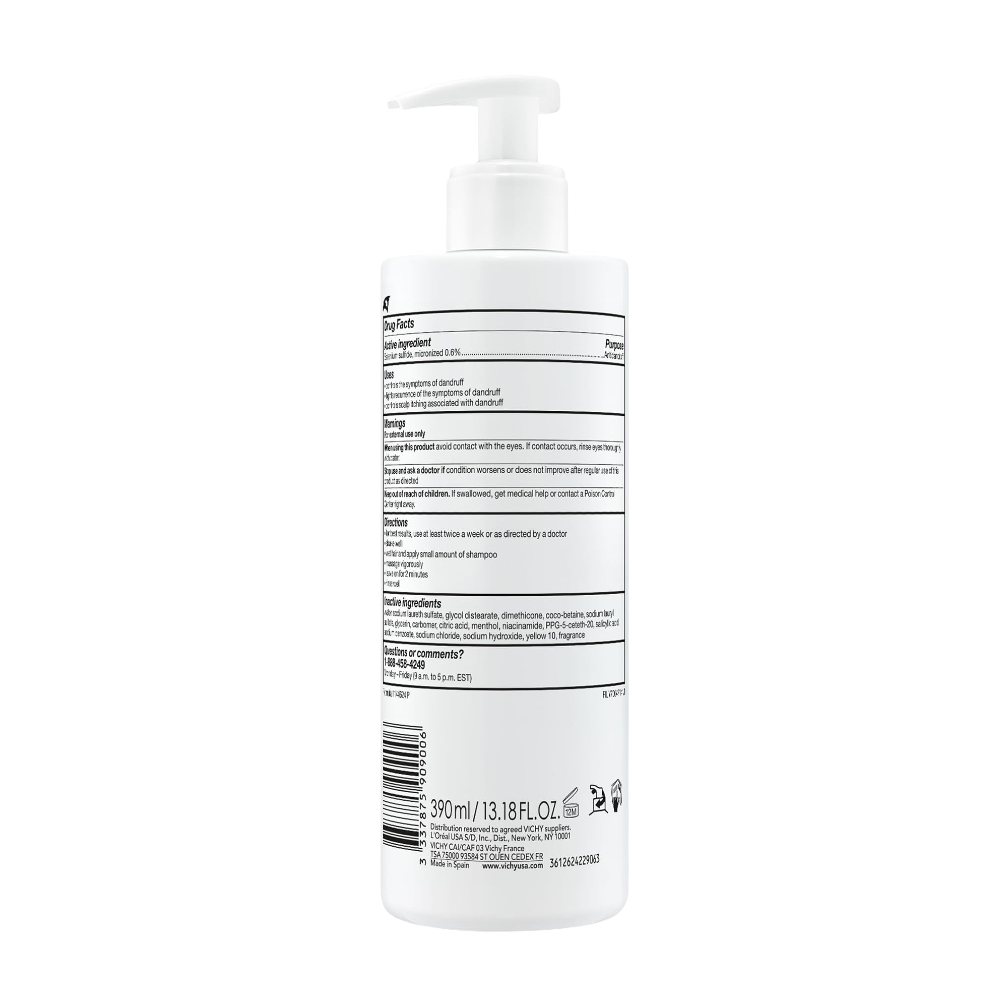 VICHY Dercos comparación de tamaño con mano indica 13.8 oz práctico