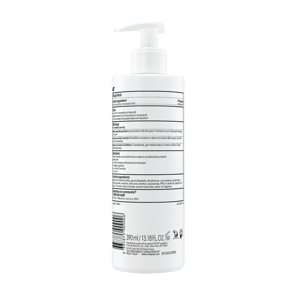 VICHY Dercos comparación de tamaño con mano indica 13.8 oz práctico