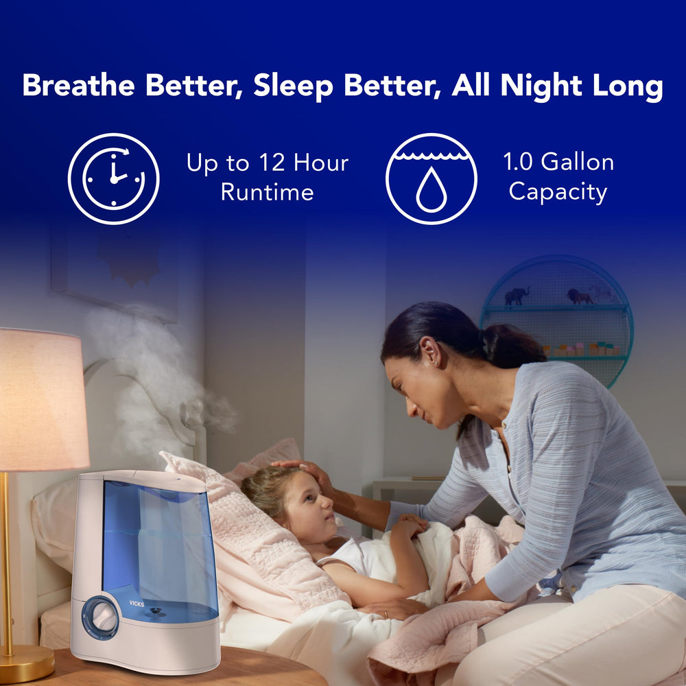 Vicks humidificador en dormitorio demostrando operación silenciosa nocturna