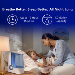 Vicks humidificador en dormitorio demostrando operación silenciosa nocturna
