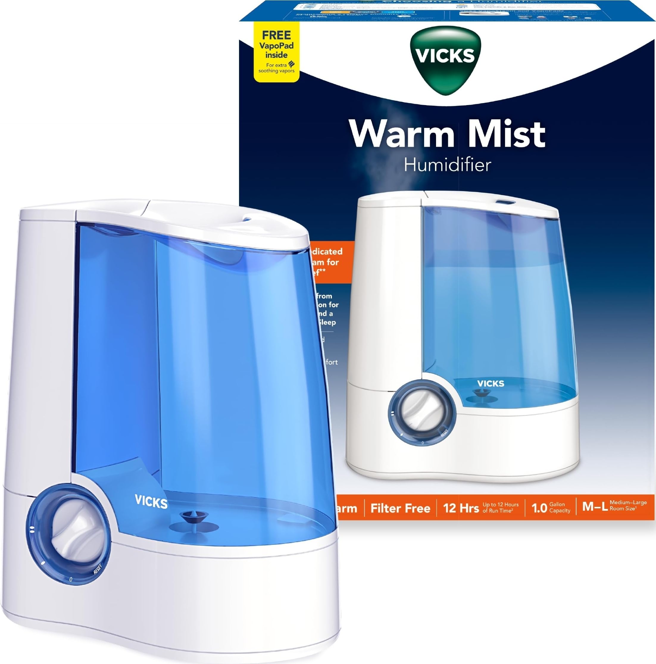 Vicks humidificador frontal mostrando diseño compacto y salida de vapor beneficiosa