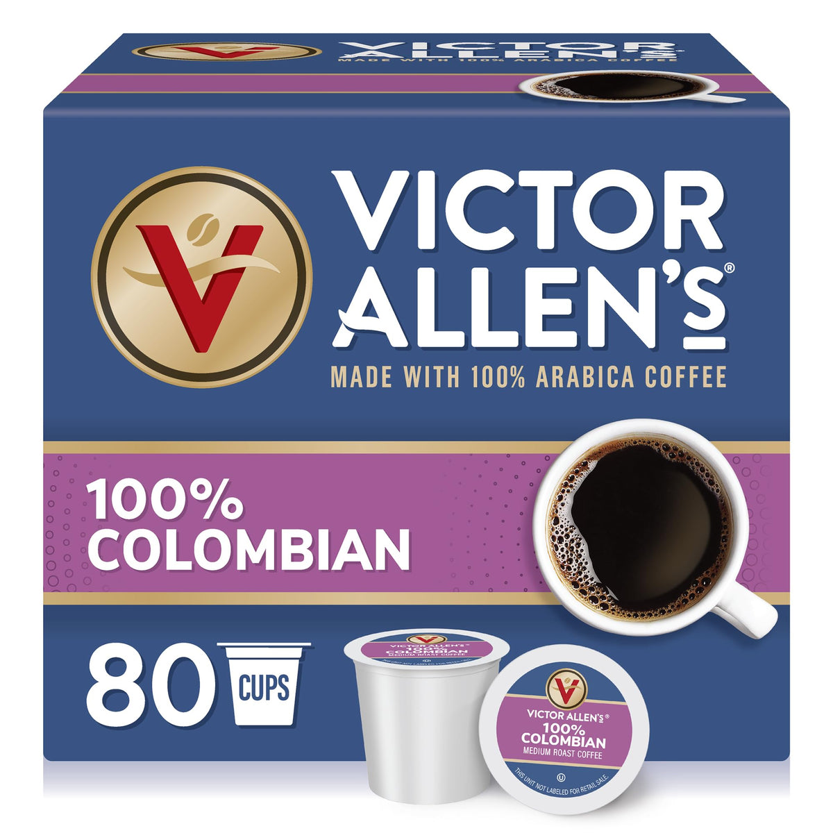 Victor Allen's Coffee caja frontal mostrando 80 cápsulas y beneficio de conveniencia