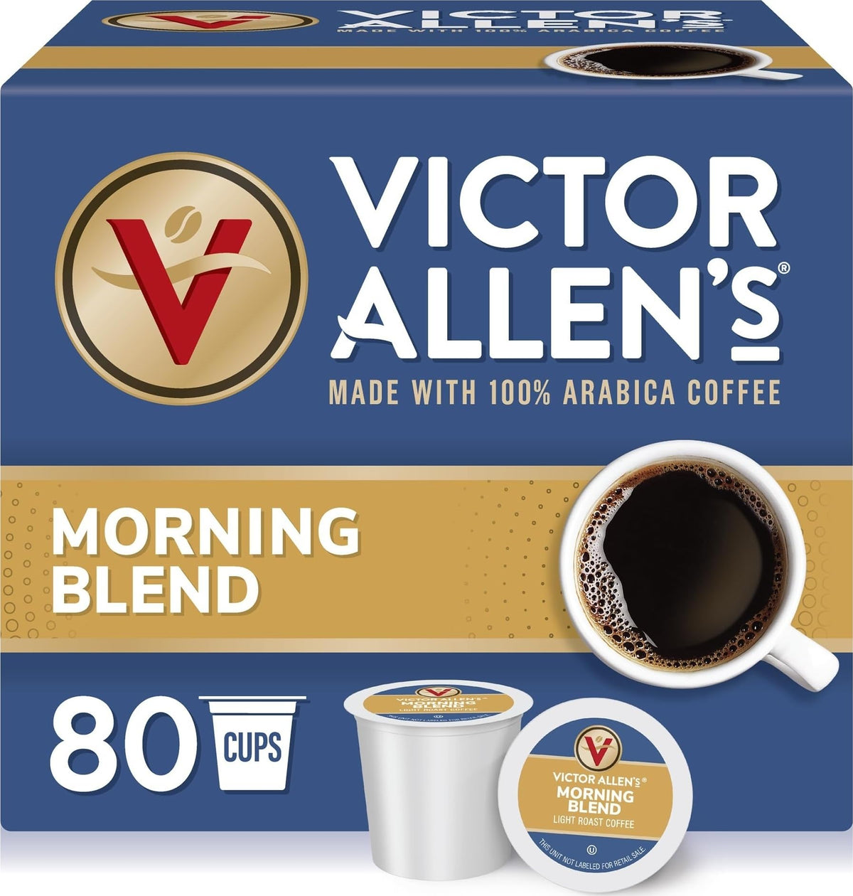 Victor Allen's Coffee envase delantero mostrando 80 cápsulas y conveniencia inmediata