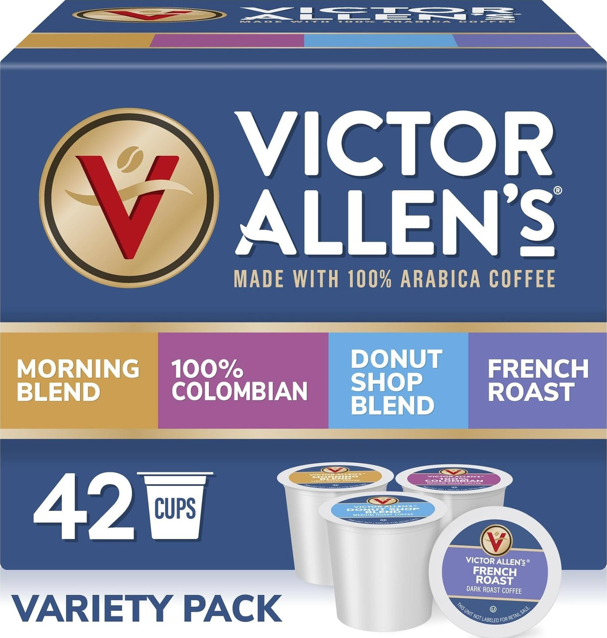 Victor Allen's Coffee front box showing 42-count variety pack and clear labeling benefit
