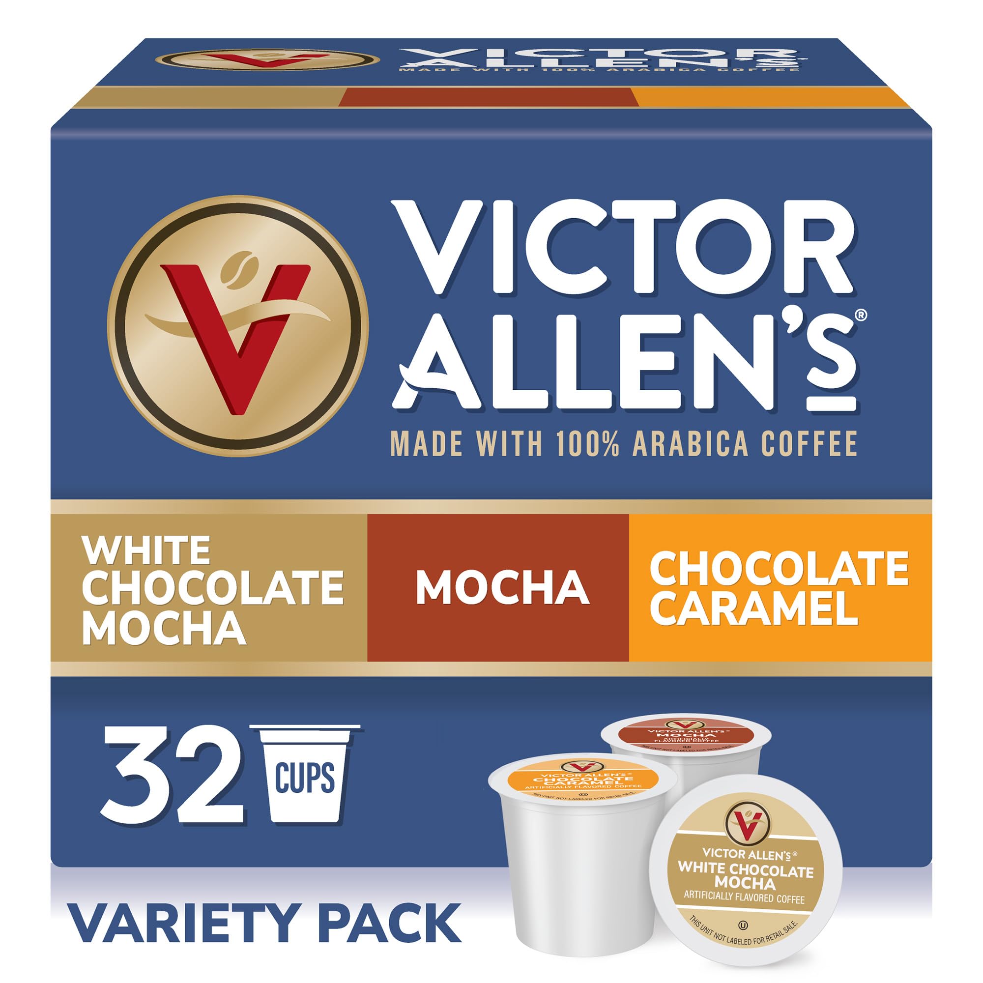 Victor Allen's Coffee frente del empaque con 32 cápsulas, conveniencia inmediata