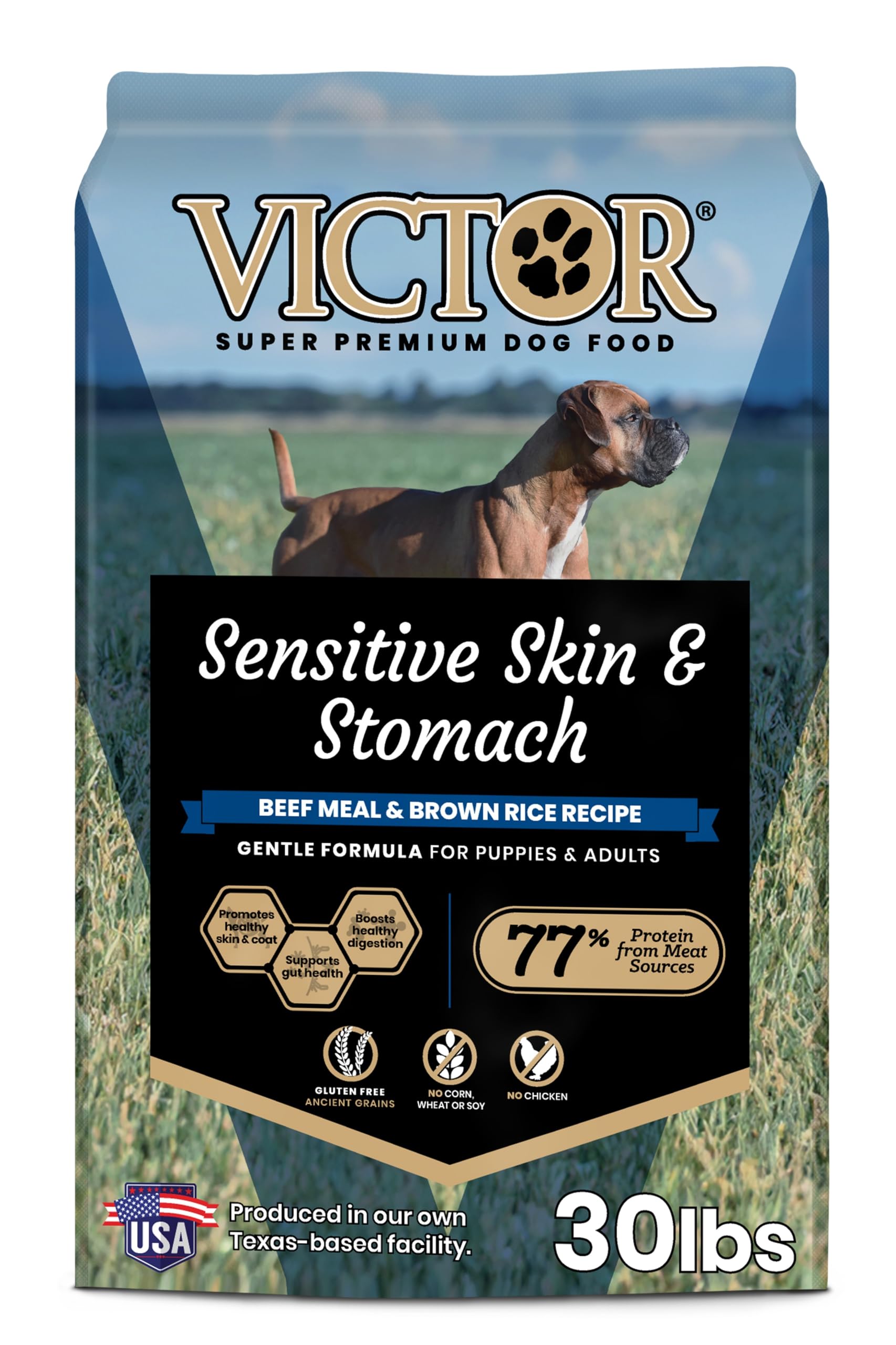 VICTOR bolsa frontal ternera y arroz que muestra etiqueta y beneficios