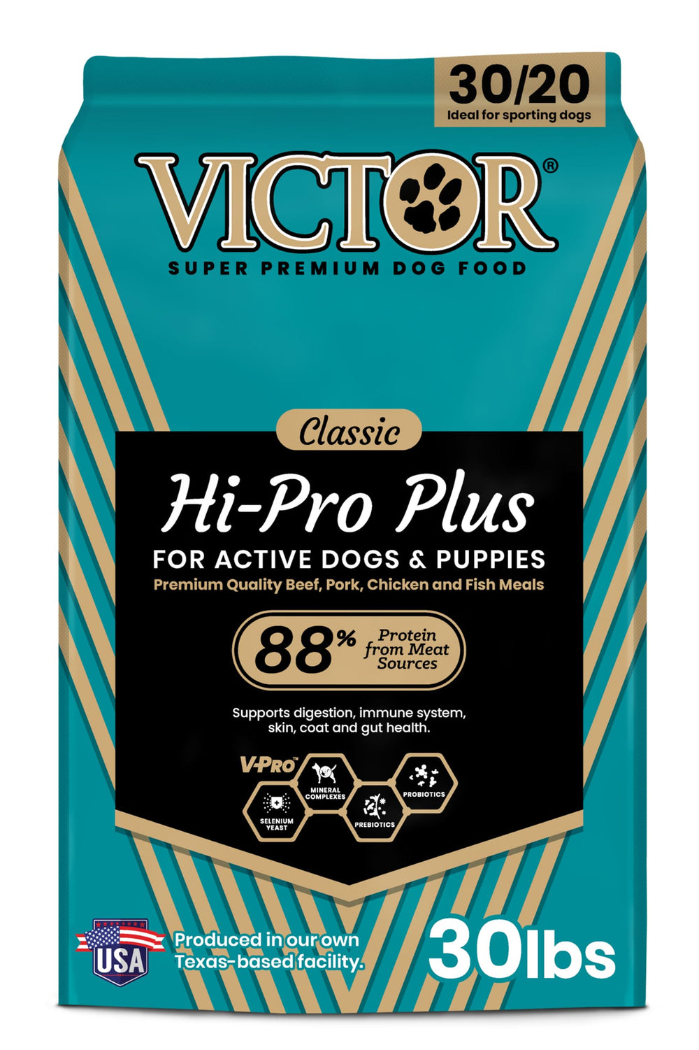 VICTOR bolsa frontal mostrando fórmula Hi-Pro Plus y beneficios energéticos