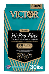 VICTOR bolsa frontal mostrando fórmula Hi-Pro Plus y beneficios energéticos